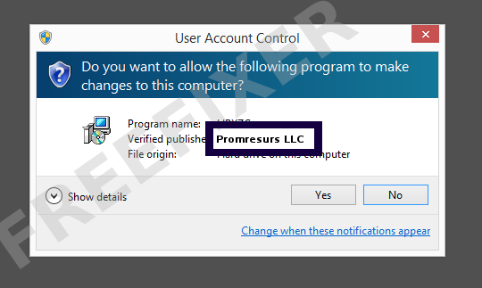 Screenshot where Promresurs LLC appears as the verified publisher in the UAC dialog